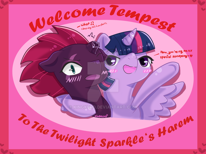 Size: 1024x768 | Tagged: safe, artist:kingkero, derpibooru import, fizzlepop berrytwist, tempest shadow, twilight sparkle, twilight sparkle (alicorn), alicorn, pony, my little pony: the movie, blushing, dialogue, female, lesbian, mare, raised hoof, shipping, side hug, tempestlight, watermark