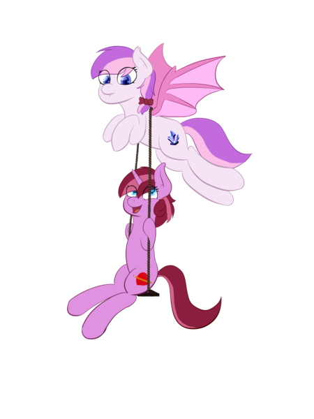 Size: 3000x4000 | Tagged: safe, artist:eyeburn, derpibooru import, oc, oc:malina, oc:sugary violet, unofficial characters only, bat pony, pony, bat pony oc, bow, flying, hair bow, simple background, swinging, transparent background