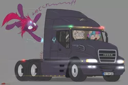 Size: 2744x1828 | Tagged: artist:orang111, broken horn, derpibooru import, driving, grand theft auto, iveco, japanese, my little pony: the movie, oc, oc:coffee cuddles, oc:sugar muffin, safe, semi truck, stealing, tempest shadow, truck, vehicle