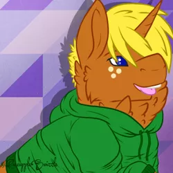 Size: 500x500 | Tagged: safe, artist:strugglingunicorn, derpibooru import, oc, oc:jai heart, unofficial characters only, pony, unicorn, chest fluff, clothes, colt, hoodie, male, open mouth, solo, tongue out