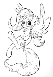 Size: 767x1116 | Tagged: safe, artist:shoeunit, derpibooru import, fluttershy, pegasus, pony, female, hooves to the chest, inktober, inktober 2017, looking at you, mare, monochrome, simple background, solo, spread wings, traditional art, white background, wings