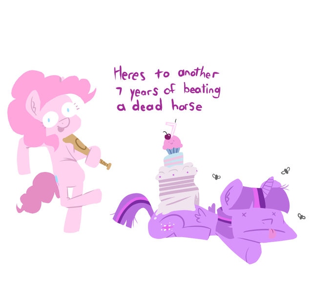 Size: 1000x924 | Tagged: alicorn, baseball bat, beating a dead horse, cake, candle, dead, dead horse, derpibooru import, flies, food, grimdark, happy birthday mlp:fim, joke, mlp fim's seventh anniversary, pinkie pie, twilight sparkle, twilight sparkle (alicorn)