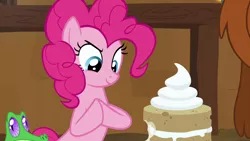 Size: 1280x720 | Tagged: safe, derpibooru import, screencap, gummy, pinkie pie, pony, not asking for trouble, cake, food, gendo pose, vanilla