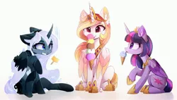 Size: 3583x2031 | Tagged: safe, artist:magnaluna, derpibooru import, princess celestia, princess luna, twilight sparkle, twilight sparkle (alicorn), alicorn, pony, alternate hairstyle, alternate universe, brain freeze, cute, cutelestia, female, food, ice cream, licking, lunabetes, mare, simple background, sitting, smiling, tongue out, trio, twiabetes, white background