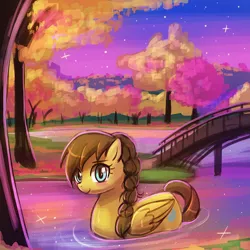 Size: 750x750 | Tagged: safe, artist:lumineko, derpibooru import, oc, oc:nemsee, unofficial characters only, duck pony, pegasus, pony, bridge, color porn, eyestrain warning, female, impressionism, mare, modern art, solo, tree