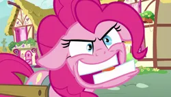 Size: 1920x1090 | Tagged: safe, derpibooru import, screencap, pinkie pie, secrets and pies, crazy face, faic, floppy ears, ponyville, solo, tongue out, underbite