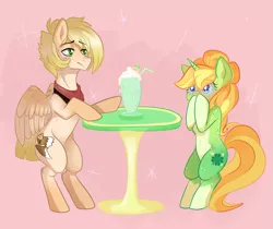 Size: 1237x1039 | Tagged: artist needed, safe, derpibooru import, oc, oc:eagle eye, oc:shamrock shock, unofficial characters only, pegasus, pony, unicorn, blushing, clover, excited, female, four leaf clover, male, mare, marriage proposal, neckerchief, ring, shamrock shake, shipping, stallion, straight