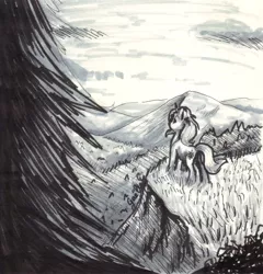 Size: 1631x1698 | Tagged: safe, artist:gaelledragons, derpibooru import, sunset shimmer, pony, unicorn, female, mare, monochrome, mountain, scenery, solo, traditional art, tree