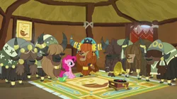 Size: 1280x720 | Tagged: safe, derpibooru import, screencap, gummy, pinkie pie, prince rutherford, pony, yak, not asking for trouble, cloven hooves, female, gramophone, male, sitting