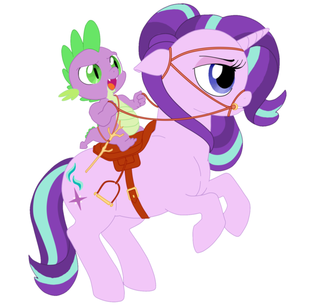 Size: 1550x1500 | Tagged: safe, artist:aerthmanolo, derpibooru import, spike, starlight glimmer, dragon, pony, unicorn, bit, bridle, digital art, equipment, female, floppy ears, horsebackriding, horses doing horse things, male, mare, mounting, rearing, reins, riding, saddle, simple background, stirrups, tack, transparent background, unamused