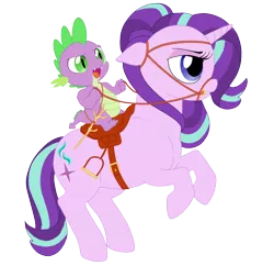 Size: 1550x1500 | Tagged: safe, artist:aerthmanolo, derpibooru import, spike, starlight glimmer, dragon, pony, unicorn, bit, bridle, digital art, equipment, female, floppy ears, horsebackriding, horses doing horse things, male, mare, mounting, rearing, reins, riding, saddle, simple background, stirrups, tack, transparent background, unamused