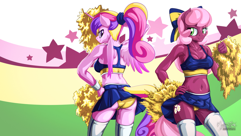 Size: 1920x1080 | Tagged: questionable, artist:mysticalpha, derpibooru import, cheerilee, princess cadance, alicorn, anthro, earth pony, armpits, ass, belly button, bow, breasts, cameltoe, cheerileeder, cheerleader, clothes, duo, duo female, female, females only, looking at you, lovebutt, mare, midriff, panties, pom pom, ponytail, skirt, skirt lift, smiling, sports bra, stockings, thigh highs, underwear, upskirt, wallpaper, yellow underwear