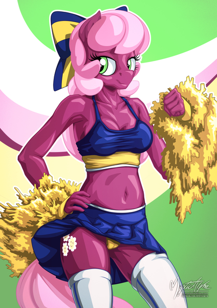 Size: 955x1351 | Tagged: questionable, artist:mysticalpha, derpibooru import, cheerilee, anthro, earth pony, armpits, belly button, bow, breasts, cameltoe, cheerileeder, cheerleader, clothes, female, mare, midriff, panties, pom pom, skirt, skirt lift, smiling, solo, solo female, sports bra, stockings, thigh highs, underwear, upskirt, yellow underwear