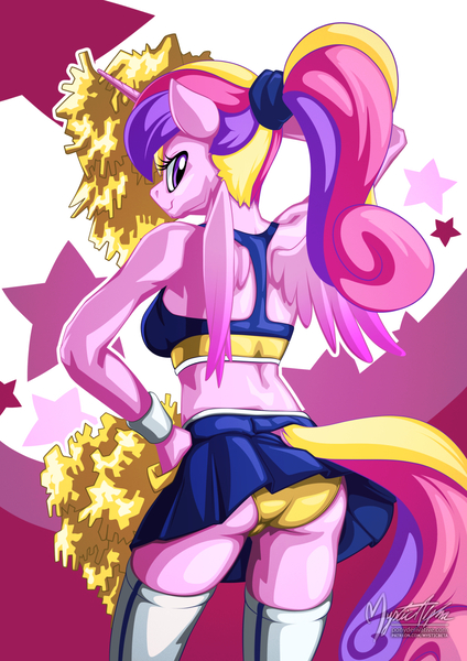 Size: 955x1351 | Tagged: alicorn, anthro, artist:mysticalpha, ass, breasts, cameltoe, cheerleader, clothes, derpibooru import, female, looking back, lovebutt, mare, midriff, panties, pom pom, ponytail, princess cadance, questionable, skirt, skirt lift, smiling, solo, solo female, sports bra, stockings, thigh highs, underwear, upskirt, yellow underwear