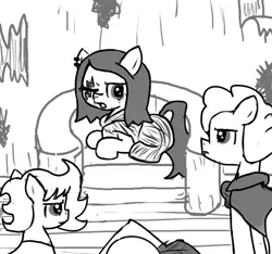 Size: 640x600 | Tagged: safe, artist:ficficponyfic, derpibooru import, oc, oc:emerald jewel, oc:ruby rouge, unofficial characters only, earth pony, pony, colt quest, adult, clothes, cyoa, ear piercing, female, hat, male, mare, missing eye, monochrome, offscreen character, piercing, scar, scowl, stallion, story included, thief