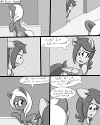 Size: 800x1000 | Tagged: safe, artist:jake heritagu, derpibooru import, scootaloo, oc, oc:sandy hooves, pony, comic:ask motherly scootaloo, comic:to call you mom, comic, flashback, hairpin, monochrome, motherly scootaloo, sweatshirt