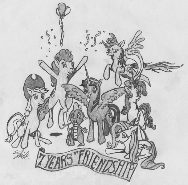 Size: 1121x1103 | Tagged: alicorn, applejack, artist:finnect, balloon, confetti, derpibooru import, dragon, fluttershy, happy birthday mlp:fim, hat, mane seven, mane six, mlp fim's seventh anniversary, party hat, party horn, pinkie pie, rainbow dash, rarity, safe, spike, traditional art, twilight sparkle, twilight sparkle (alicorn)