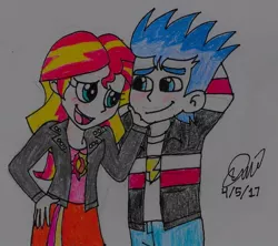 Size: 1024x909 | Tagged: safe, artist:jen-izzy93, derpibooru import, flash sentry, sunset shimmer, equestria girls, blushing, female, flashimmer, male, shipping, straight, traditional art