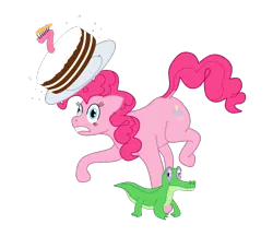 Size: 1277x1159 | Tagged: safe, artist:exhumed legume, derpibooru import, gummy, pinkie pie, earth pony, pony, birthday candles, cake, female, food, happy birthday mlp:fim, mare, mlp fim's seventh anniversary, simple background, transparent background, tripping