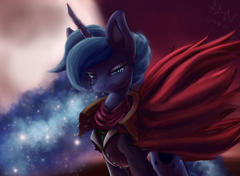 Size: 2500x1833 | Tagged: safe, artist:foughtdragon01, derpibooru import, princess luna, alicorn, pony, bloodborne, cape, clothes, ethereal mane, female, frown, looking at you, mare, missing accessory, moon, night, signature, sky, solo, standing