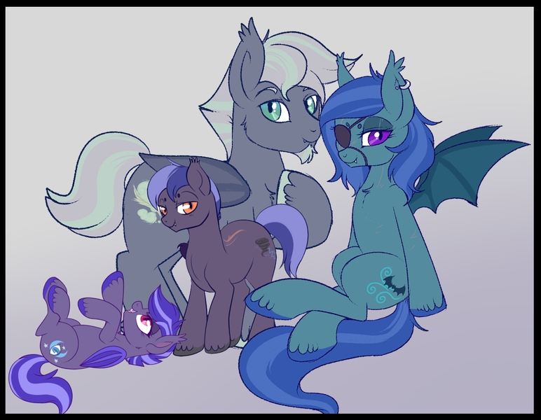 Size: 1197x930 | Tagged: safe, artist:lulubell, derpibooru import, edit, oc, oc:cloud cover, oc:hazy inkwell, oc:night watch, oc:wing whisper, unofficial characters only, bat pony, brother and sister, eyepatch, family, family photo, female, male, mother and father, parent, scar