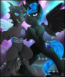 Size: 2500x2928 | Tagged: alicorn, artist:flareheartmz, blue changeling, changeling, changeling oc, club, commission, couple, derpibooru import, jewelry, lights, looking at you, necklace, oc, oc:archex, oc:prince comet, safe, unofficial characters only, wings