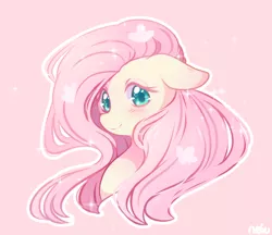 Size: 1900x1643 | Tagged: safe, artist:bakaccha, derpibooru import, fluttershy, butterfly, pegasus, pony, blushing, bust, colored pupils, cute, female, floppy ears, looking at you, mare, pink background, portrait, shyabetes, simple background, solo, sparkles