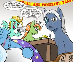 Size: 1024x875 | Tagged: safe, artist:adenyne, derpibooru import, lightning dust, trixie, oc, oc:mary annette, oc:ravenclock, earth pony, pegasus, pony, unicorn, banner, blushing, bottle, cake, drunk, female, food, grammar error, great and powerful, happy birthday mlp:fim, hoof hold, male, mare, microphone, mlp fim's seventh anniversary, party, rainbow (song), rum, singing, sleeping, stallion, the great and alcoholics trixie