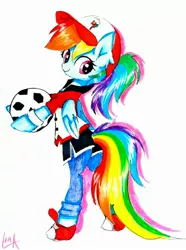 Size: 2120x2856 | Tagged: safe, artist:liaaqila, derpibooru import, rainbow dash, pegasus, pony, eqg summertime shorts, equestria girls, good vibes, ball, cap, clothes, converse, cute, dashabetes, equestria girls outfit, female, hat, mare, pants, ponified humanized pony, shoes, sneakers, solo, traditional art