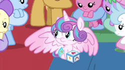 Size: 480x270 | Tagged: safe, derpibooru import, edit, edited screencap, screencap, cream puff, princess flurry heart, stratus wind, pony, once upon a zeppelin, animated, baby, baby pony, blocks, boop, crown, diaper, gif, hoof hold, jewelry, regalia, reversed, sitting, smiling, spread wings, wings, worried