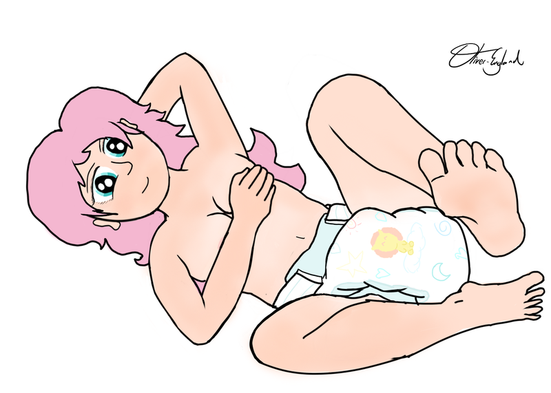 Size: 1400x1000 | Tagged: armpits, artist:oliver-england, blushing, breasts, cute, derpibooru import, diaper, diaper fetish, feet, feet up, fetish, fluttershy, foot focus, human, humanized, messy diaper, nudity, questionable, story in the source, wet diaper