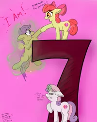 Size: 1593x1989 | Tagged: safe, artist:plinko, derpibooru import, apple bloom, scootaloo, sweetie belle, earth pony, pegasus, pony, unicorn, 7, climbing, cutie mark crusaders, czuboxs dick length in mm, female, filly, happy birthday mlp:fim, magic, mlp fim's seventh anniversary, number, seven