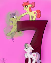 Size: 1593x1989 | Tagged: safe, artist:plinko, derpibooru import, apple bloom, scootaloo, sweetie belle, earth pony, pegasus, pony, unicorn, cutie mark crusaders, female, filly, happy birthday mlp:fim, magic, mlp fim's seventh anniversary