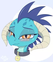 Size: 2904x3369 | Tagged: artist:mistydash, bedroom eyes, blushing, bust, collar, derpibooru import, dragon, female, looking at you, pet tag, princess ember, safe, solo