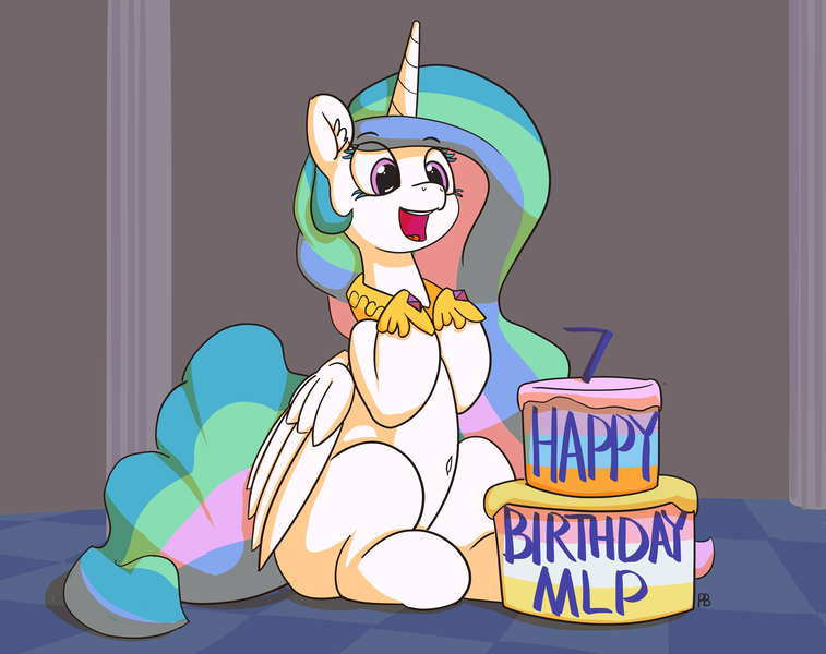 Size: 7209x5712 | Tagged: safe, artist:pabbley, derpibooru import, princess celestia, alicorn, pony, absurd resolution, belly button, cake, cakelestia, cheerful, crown, cute, cutelestia, female, food, happy birthday mlp:fim, hoof shoes, jewelry, looking down, mare, mlp fim's seventh anniversary, multicolored mane, multicolored tail, open mouth, plump, praise the sun, purple eyes, regalia, royalty, sillestia, silly, sitting, smiling, solo, tiara, wings