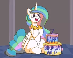 Size: 7209x5712 | Tagged: safe, artist:pabbley, derpibooru import, princess celestia, alicorn, pony, absurd resolution, belly button, cake, cakelestia, cheerful, crown, cute, cutelestia, female, food, happy birthday mlp:fim, hoof shoes, jewelry, looking down, mare, mlp fim's seventh anniversary, multicolored mane, multicolored tail, open mouth, plump, praise the sun, purple eyes, regalia, royalty, sillestia, silly, sitting, smiling, solo, tiara, wings