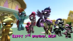 Size: 1364x768 | Tagged: 3d, alicorn, applejack, derpibooru import, dragon, fluttershy, happy birthday mlp:fim, mane seven, mane six, mlp fim's seventh anniversary, pinkie pie, rainbow dash, rarity, safe, source filmmaker, spike, twilight sparkle, twilight sparkle (alicorn)