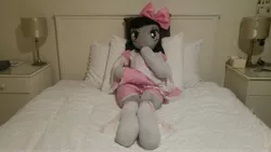 Size: 5312x2988 | Tagged: anthro, anthro plushie, artist:bigsexyplush, artist:somethingaboutoctavia, bed, bedroom eyes, bloomers, bow, clothes, costume, cute, derpibooru import, doll, frilly, hooves, irl, lace, lacy, lolita fashion, octavia melody, outfit, photo, plushie, safe, shocked, shocked expression, skirt, socks, socktavia, solo, startled, surprised, thigh highs, thunder thighs, toy, upskirt, wide hips