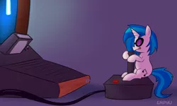 Size: 1000x600 | Tagged: safe, artist:empyu, derpibooru import, vinyl scratch, unicorn, atari, atari 2600, controller, female, joystick, mare, micro, solo, tiny ponies