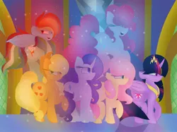 Size: 2732x2048 | Tagged: safe, artist:littlelynxs04, derpibooru import, applejack, fluttershy, pinkie pie, rainbow dash, rarity, twilight sparkle, twilight sparkle (alicorn), alicorn, ghost, pony, crying, curved horn, female, high res, immortality, immortality blues, mane six, mare, remembrance (audio drama), twilight will outlive her friends