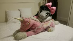 Size: 5312x2988 | Tagged: safe, artist:bigsexyplush, artist:somethingaboutoctavia, derpibooru import, octavia melody, anthro, unguligrade anthro, unicorn, anthro plushie, bed, bedroom eyes, bow, clothes, costume, cute, doll, frilly, hooves, irl, lace, lacy, lying on top of someone, outfit, photo, plushie, socks, socktavia, solo, toy