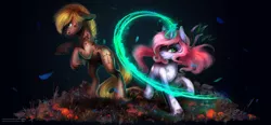 Size: 1024x474 | Tagged: safe, artist:wilvarin-liadon, derpibooru import, oc, oc:rose quartz, oc:vermillion, unofficial characters only, earth pony, pony, unicorn, fanfic, fanfic:the world is filled with monsters, duo, fanfic art, fanfic cover, female, glowing horn, magic, male, mare, rearing, serious, serious face, stallion