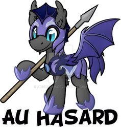 Size: 800x844 | Tagged: safe, artist:moemneop, derpibooru import, oc, oc:au hasard, bat pony, pony, armor, deviantart watermark, image, male, night guard, obtrusive watermark, png, simple background, solo, spear, stallion, transparent background, watermark, weapon