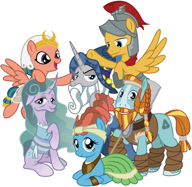 Size: 8192x7981 | Tagged: safe, artist:amarthgul, derpibooru import, flash magnus, meadowbrook, mistmane, rockhoof, somnambula, star swirl the bearded, earth pony, pegasus, pony, unicorn, legends of magic, shadow play, absurd resolution, curved horn, female, male, mane six opening poses, mare, pillars of equestria, prone, simple background, spade, stallion, transparent background, vector