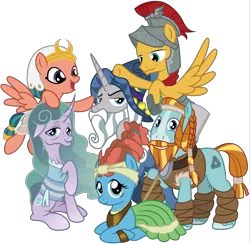 Size: 8192x7981 | Tagged: safe, artist:amarthgul, derpibooru import, flash magnus, meadowbrook, mistmane, rockhoof, somnambula, star swirl the bearded, earth pony, pegasus, pony, unicorn, legends of magic, shadow play, absurd resolution, curved horn, female, male, mane six opening poses, mare, pillars of equestria, prone, simple background, spade, stallion, transparent background, vector