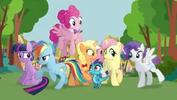 Size: 2304x1296 | Tagged: safe, artist:flipwix, derpibooru import, applejack, fluttershy, pinkie pie, princess ember, rainbow dash, rarity, twilight sparkle, oc, oc:flutterheart, oc:maple flapjack, oc:pink taffy skies, oc:temerity, oc:twilight song, oc:zap apple dash, dragon, earth pony, pegasus, pony, unicorn, alternate cutie mark, alternate hairstyle, alternate universe, baby dragon, bowtie, earth pony rainbow dash, earth pony twilight, female, hilarious in hindsight, mane six, mare, pegasus pinkie pie, pegasus rarity, race swap, the flutterby effect, unicorn applejack, unicorn fluttershy