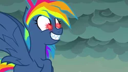 Size: 1920x1090 | Tagged: adorapiehater, animation error, cute, derpibooru import, evil pie hater dash, excited, flying, gritted teeth, imminent eye beams, layering fail, nightmare, rainbow dash, safe, screencap, secrets and pies, smiling, solo, when she smiles