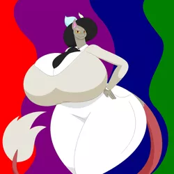 Size: 1900x1900 | Tagged: anthro, artist:two-ton-neko, big breasts, breasts, busty eris, clothes, derpibooru import, discord, draconequus, eris, female, hand on hip, huge breasts, huge butt, impossibly large breasts, impossibly large butt, large butt, looking at you, rule 63, smiling, solo, solo female, suggestive