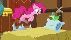 Size: 1280x720 | Tagged: safe, derpibooru import, screencap, gummy, pinkie pie, prince rutherford, pony, yak, not asking for trouble, hay, hay bale, pillow