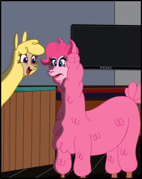 Size: 2970x3727 | Tagged: safe, artist:physicrodrigo, derpibooru import, part of a set, paprika paca, pinkie pie, alpaca, them's fightin' herds, bar, community related, crossover, duo, excited, happy, llamafied, open mouth, part of a series, pony (sony), pun, smiling, sony, species swap, story included, television, transformation, transformation sequence, transformed